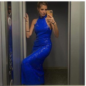 ZARA WOMAN FESTIVE COLLECTION COBALT BLUE HALTER NECK FITTED SEQUIN MAXI DRESS